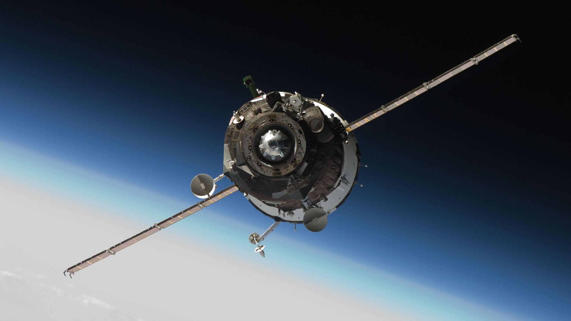 The Soyuz TMA-16 spacecraft approaches the International Space Station, carrying NASA astronaut Jeffrey Williams, Expedition 21 flight engineer; Russian cosmonaut Maxim Suraev, Soyuz commander and flight engineer; and spaceflight participant Guy Laliberte