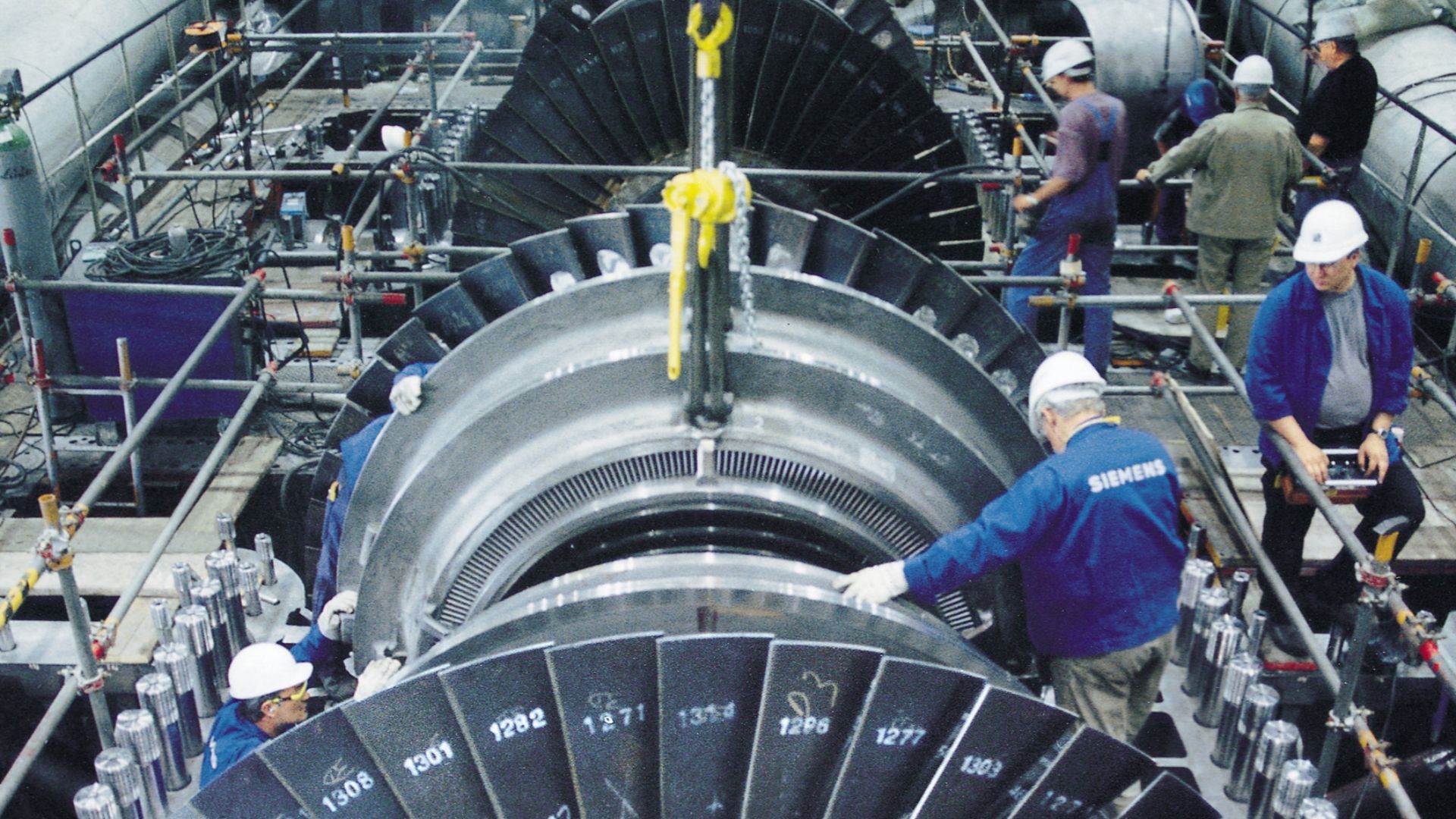 Assembly of a steam turbine rotor produced by Siemens, Germany.