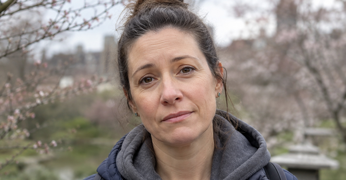 Woman with a bun, surrounded by cherry blossom trees.