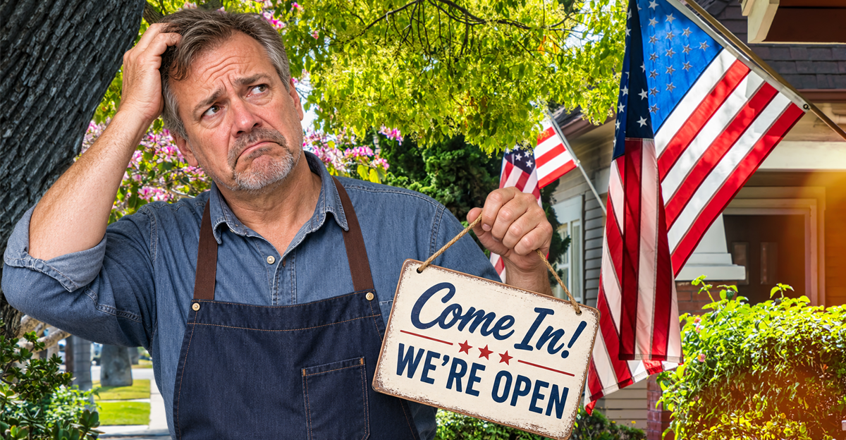 american street with US flags, with AI shopkeeper overlay