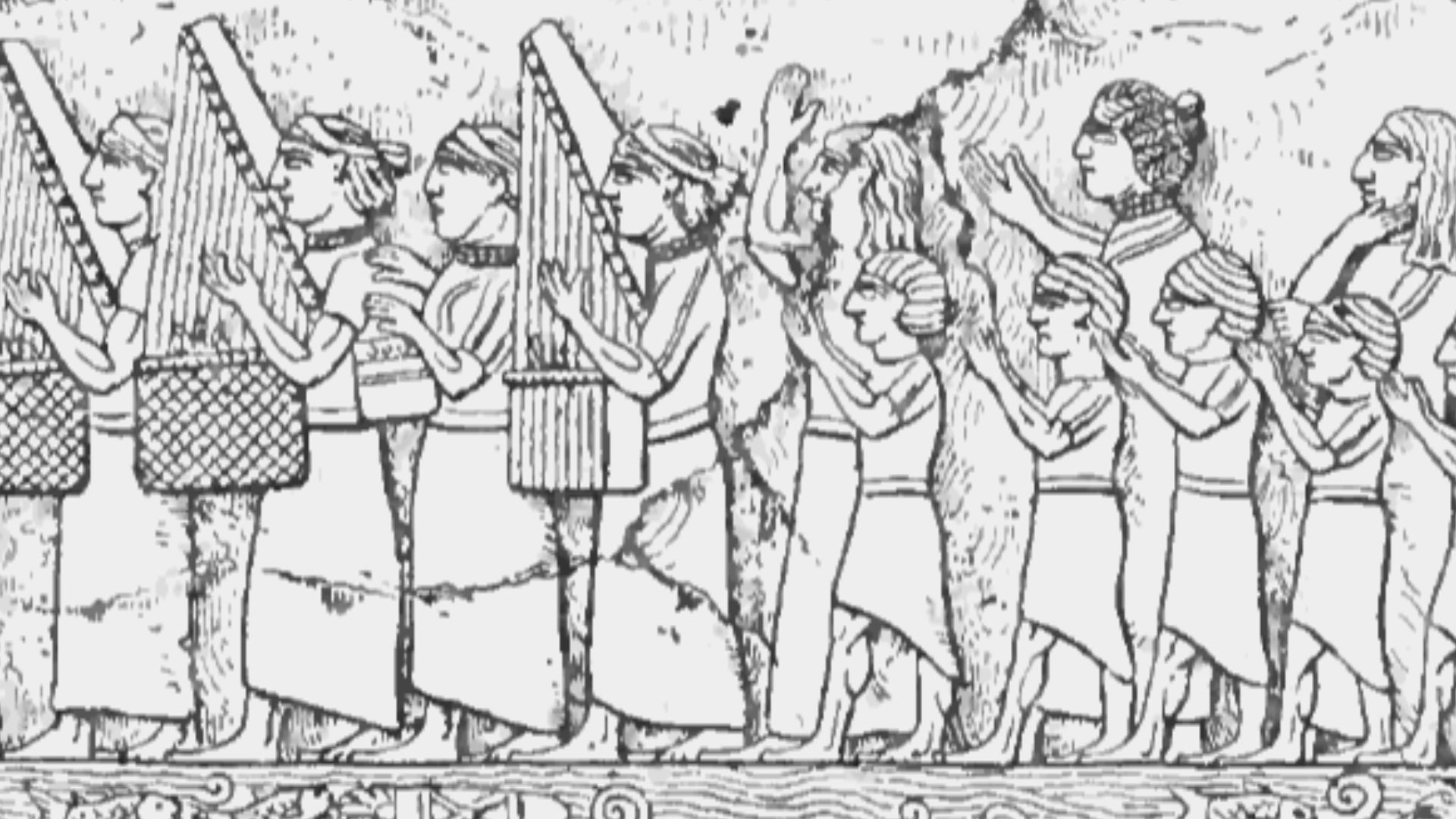 Bottom part of a relief in which the Assyrians celebrate their capture of Madaktu, an important city of Susiana, by a sort of triumph.