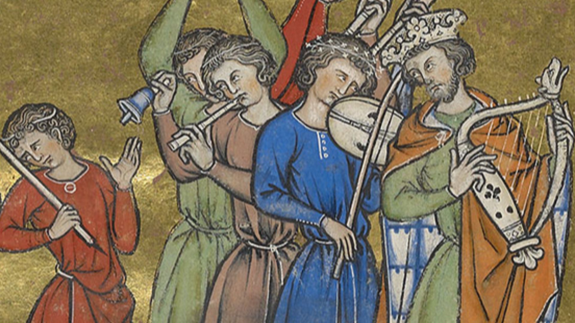 Crusader Bible (MS M.638, fol. 39r) cropped to show King David and musicians
