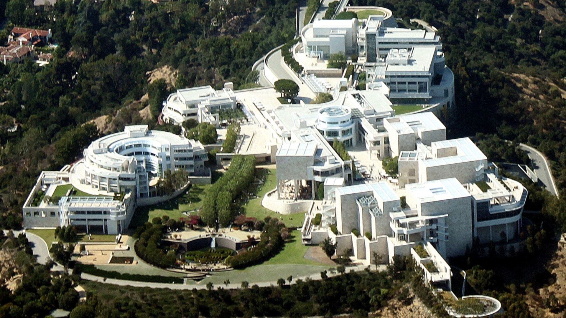 An aerial view of the Getty Center museum in Brentwood, Los Angeles, viewed from the south.