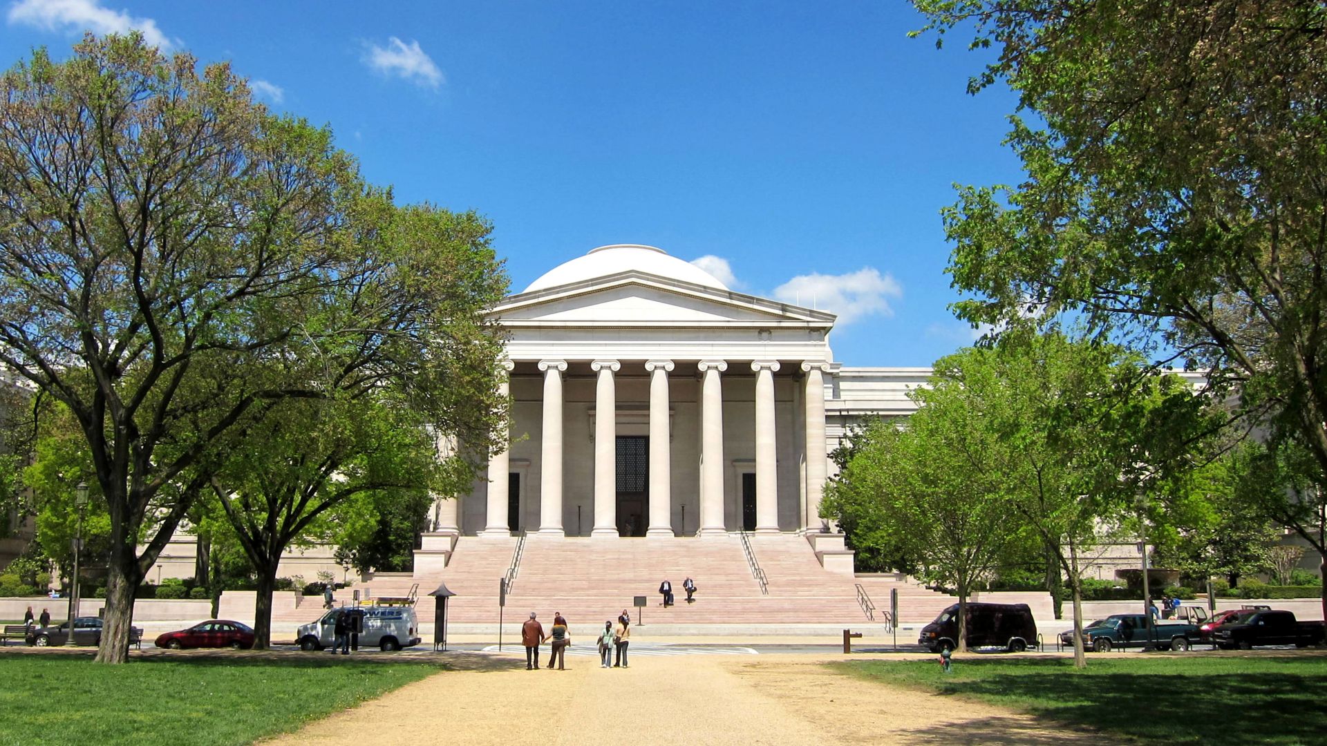 The south facade, seen from the mall's walking path, of the West Building of the National Gallery of Art.
Located on the National Mall, between the 400–700 blocks of Madison Drive, in N.W. Washington, D.C..
The Neoclassical style museum was designed by no