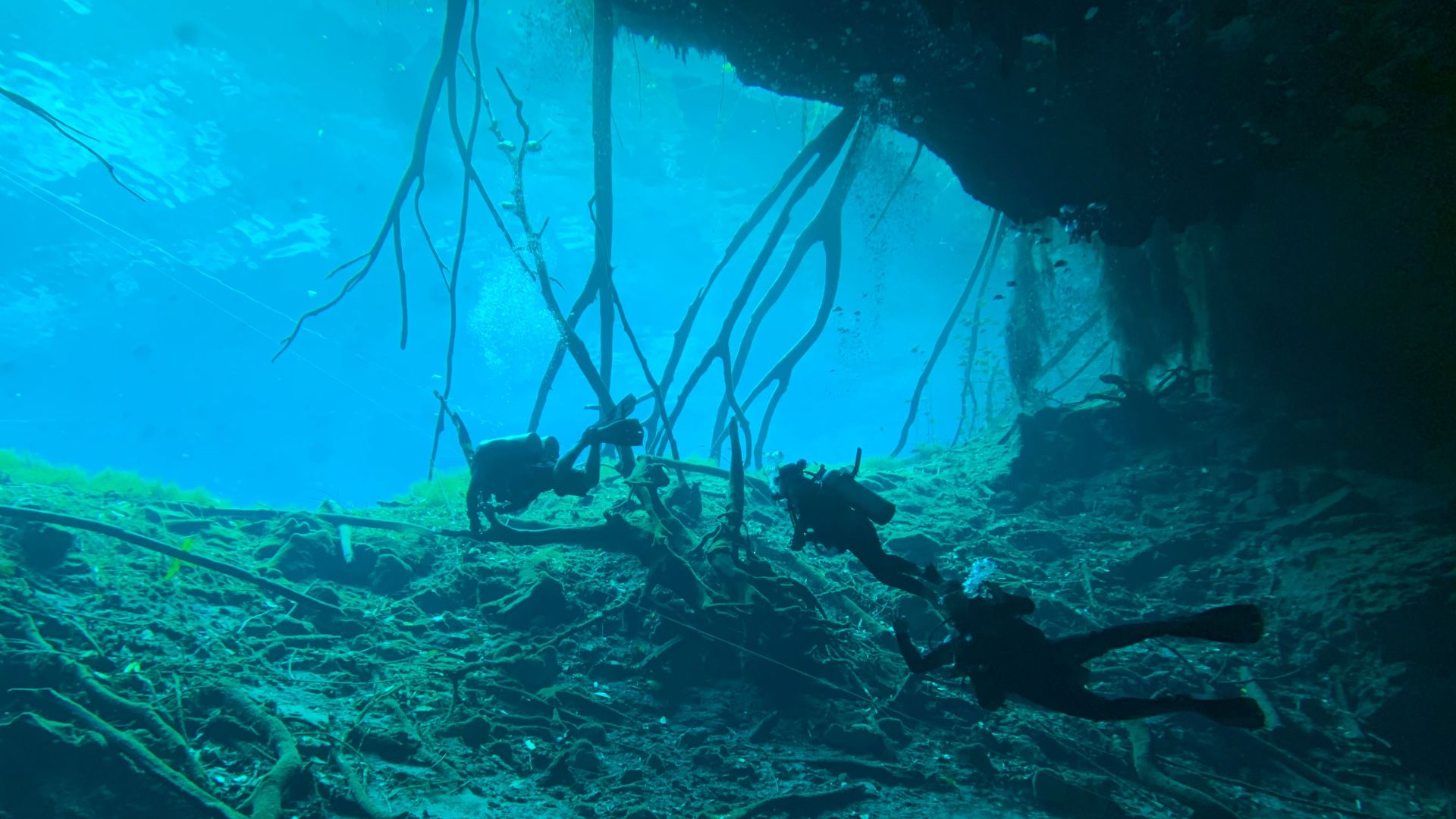 Scuba divers exploring a breathtaking underwater cave environment with intricate rock formations.