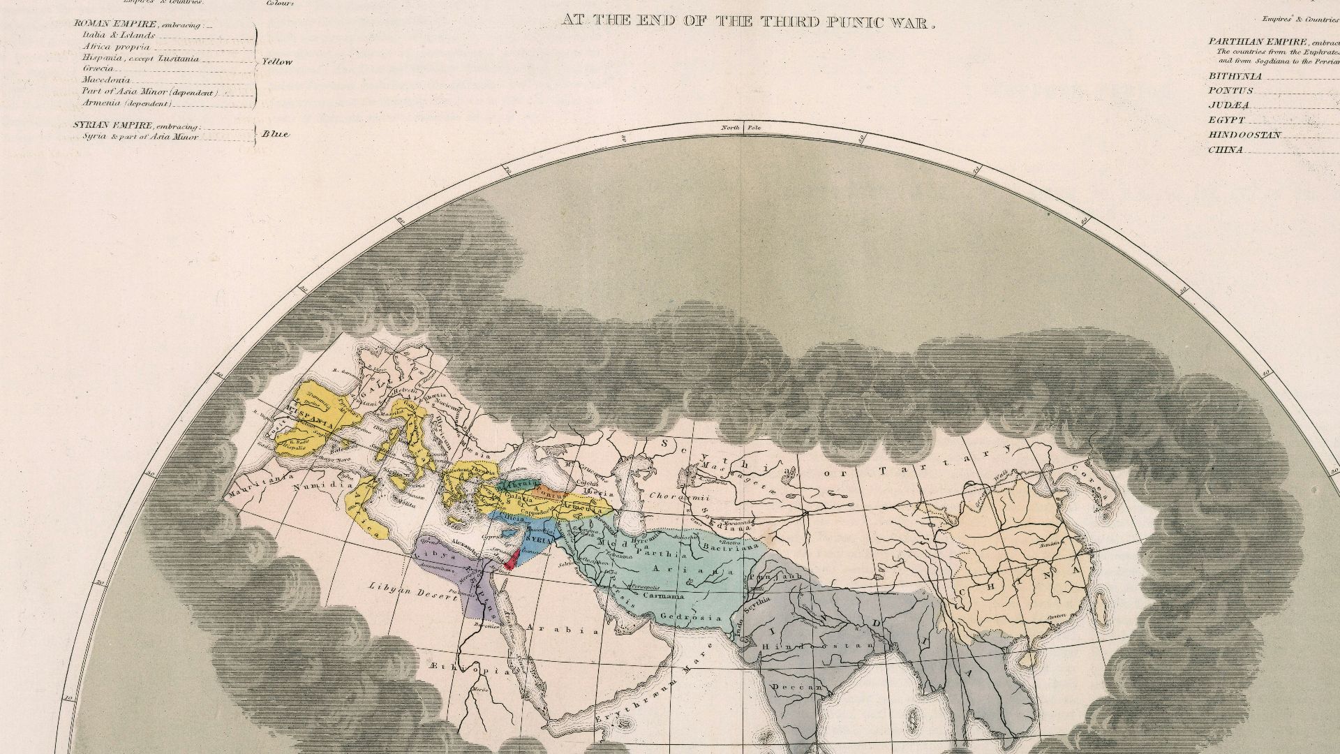 Zoomable full resolution image available at davidrumsey.com.This image 0743.024 is a part of image group 0743.000.Hand colored map on sheet 34x52. Showing through the clouds the area from Spain and Morocco to China. The Great Wall of China is shown. Inclu