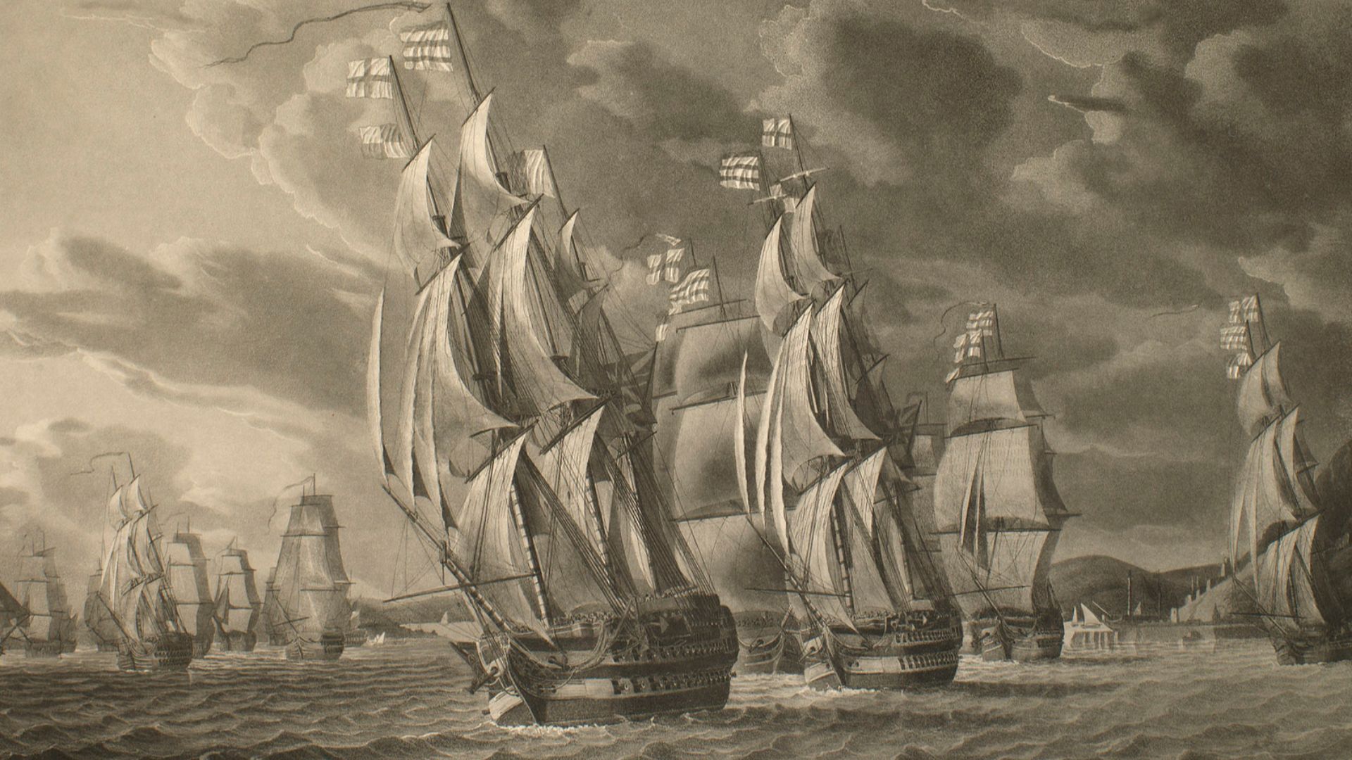 [bottom, below title:] To Sir James Saumarez Bar.t this View of his putting to Sea on the 12.th July 1801, with five sail of the Line and one Frigate, in the face of an Enemy, consisting of ten sail of the Line, two of which were of 112 Guns each; / with 