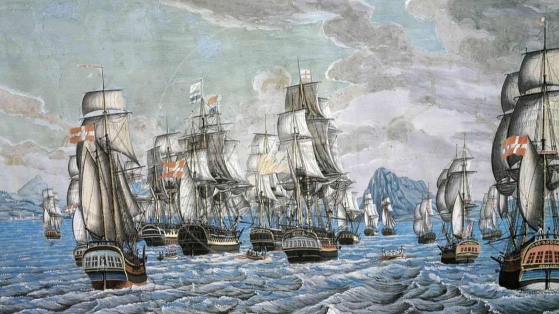 Clash Between British and Danish Ships in Strait of Gibraltar, 1803
Shows three English frigates that want to search a Danish convoy off Gibraltar on Christmas Eve 1799, but are refused by the frigate HAVFRUEN.

The British frigates are HMS Phoenix, Emera