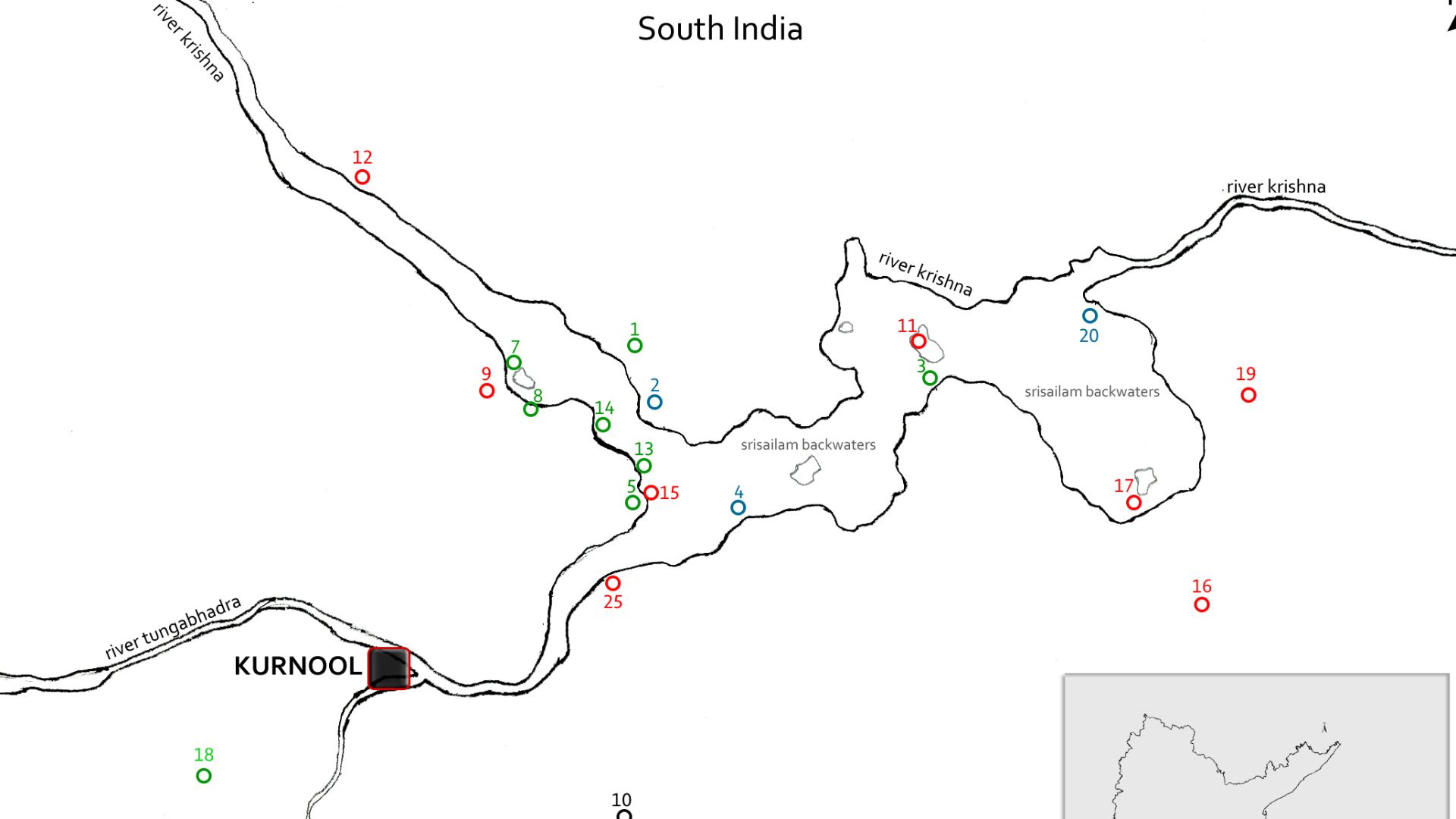 Pre Historic Mid Krishna-Tungabhadra Valley sites are:
1. Peddamarur, 2. Chinnamarur, 3. Veerapuram(submerged), 4. Sathanikota(submerged), 5. Gondimalla, 6. Bastipadu, 7. Seripalli(Sherpally), 8. Kyathur, 9. Pragatoor, 10. Kethavaram, 11. Moorakonda, 12. 