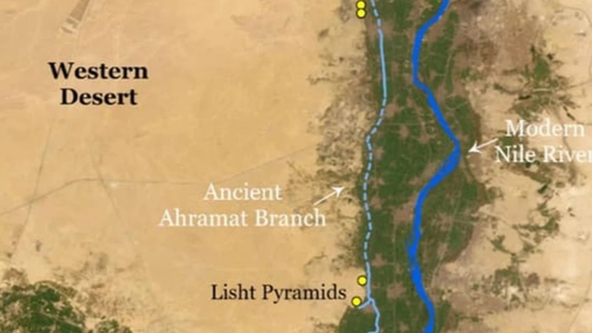 Carte représentant l'Ahramat, un bras desséché du Nil, qui longeait les sites de construction de 31 pyramides datant de l’Ancien Empire à la Deuxième Période intermédiaire