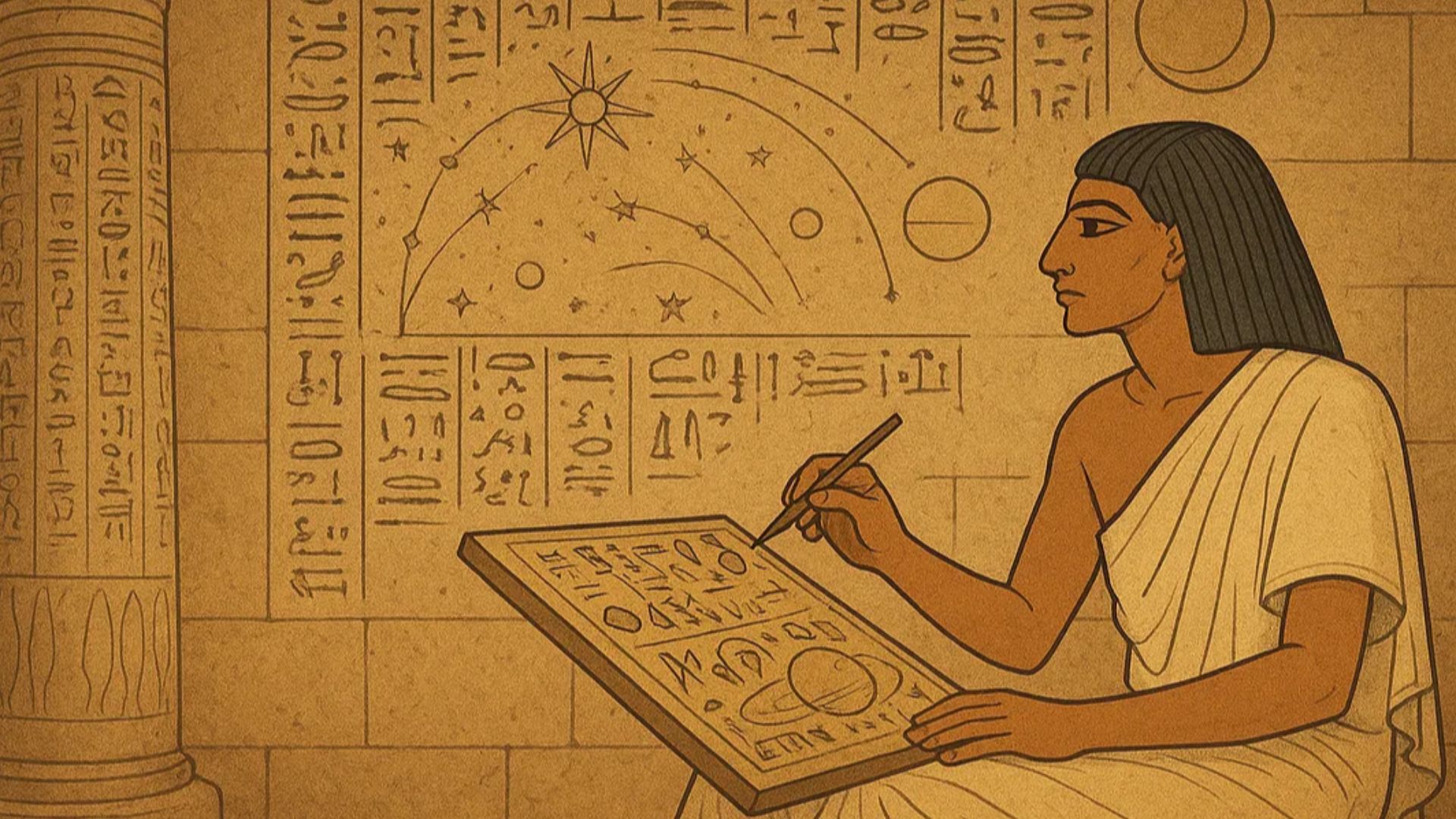 Ancient Egyptian scribe documenting celestial movements on temple walls — preserving star catalogs and planetary observations through hieroglyphic inscriptions
