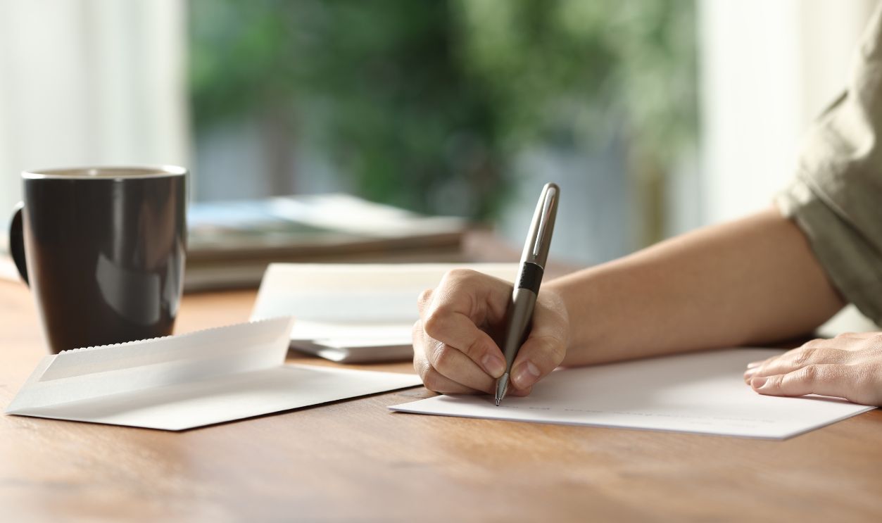 Close up portrait of woman hands handwriting letter on paper on a wooden table at home