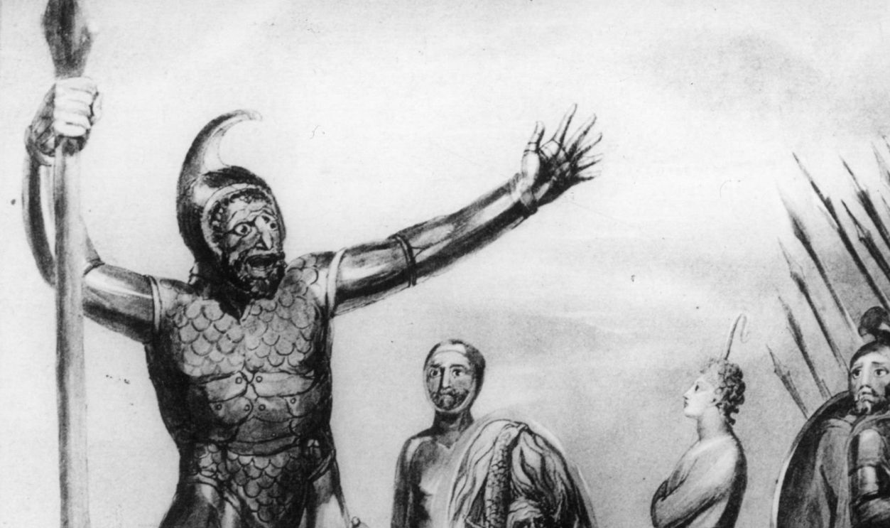 Circa 930 BC, David ( - c962), the first king of the Judean dynasty of Israel, regards the giant Goliath. Original Artwork: (I Sam 18:13-16, 28-19:1). Original Artwork: After a painting by William Blake