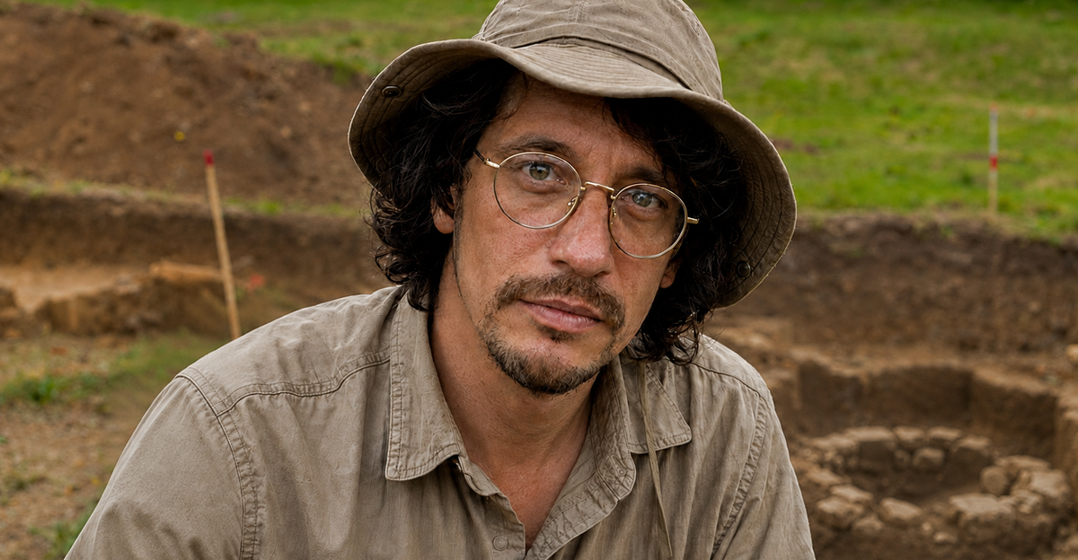 AI generated image of an archaeologist posing beside an excavated stone well at a grassy site