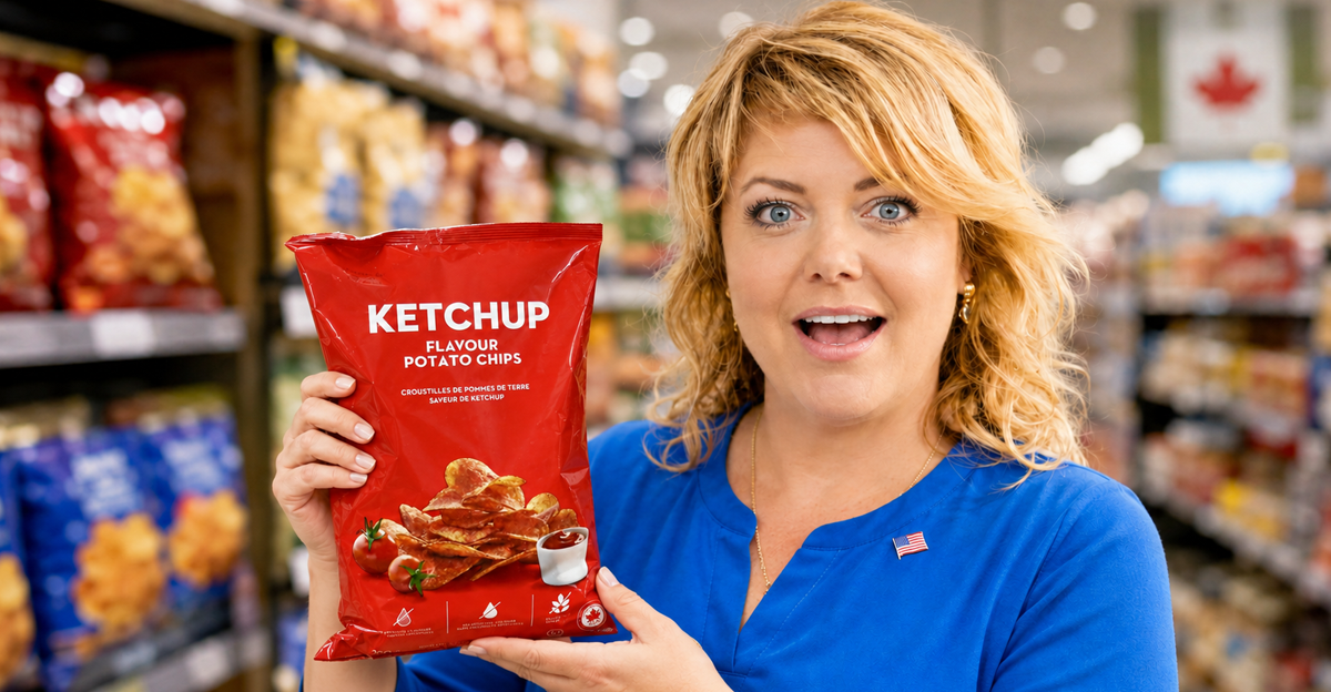 AI-generated image of a woman holding a bag of ketchup chips in a grocery store