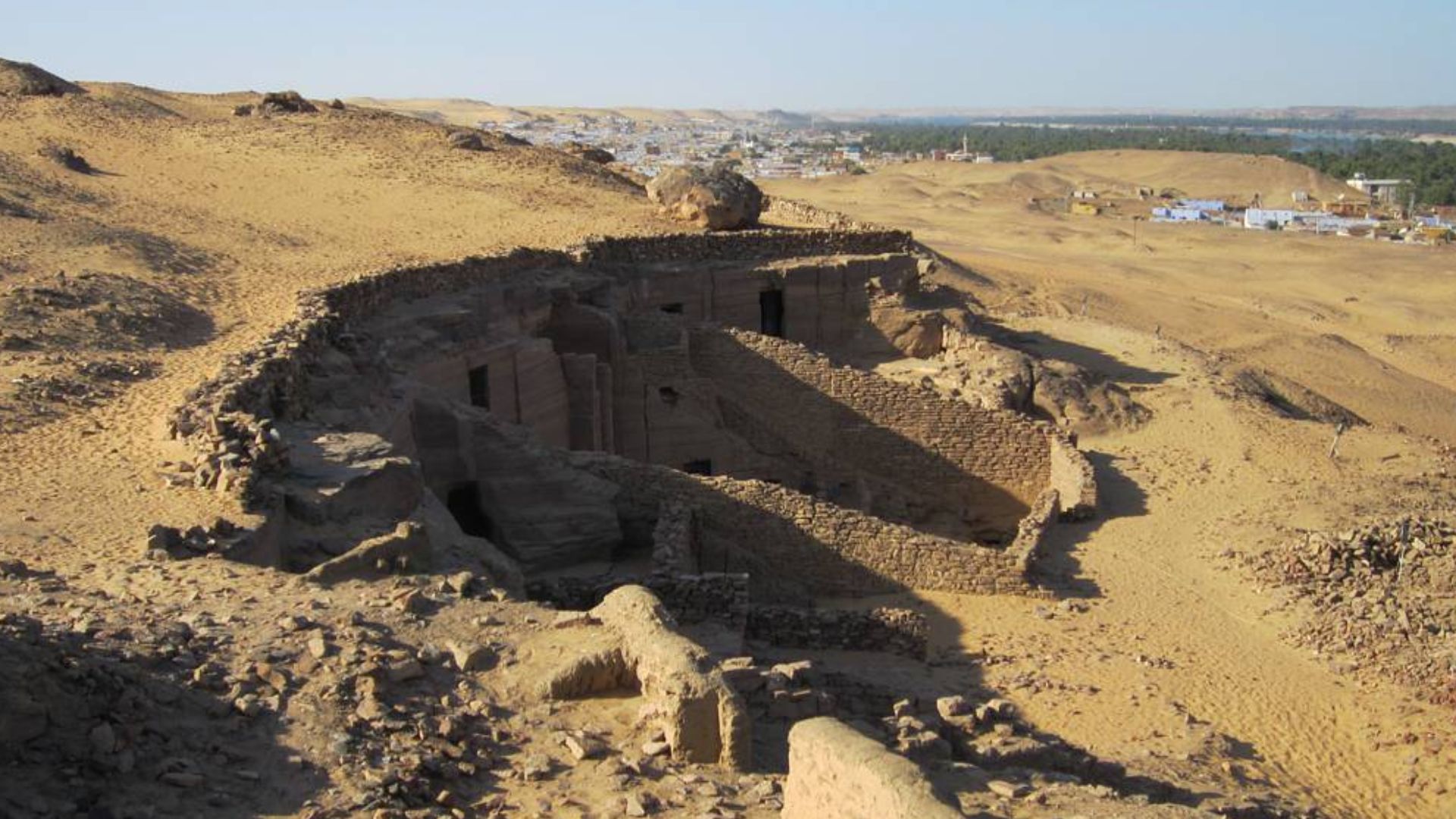 The Aswan Princes' Tombs on the west bank of the Nile opposite Aswan, Egypt, consists of over a dozen ancient tombs from the Old and Middle Kingdoms.