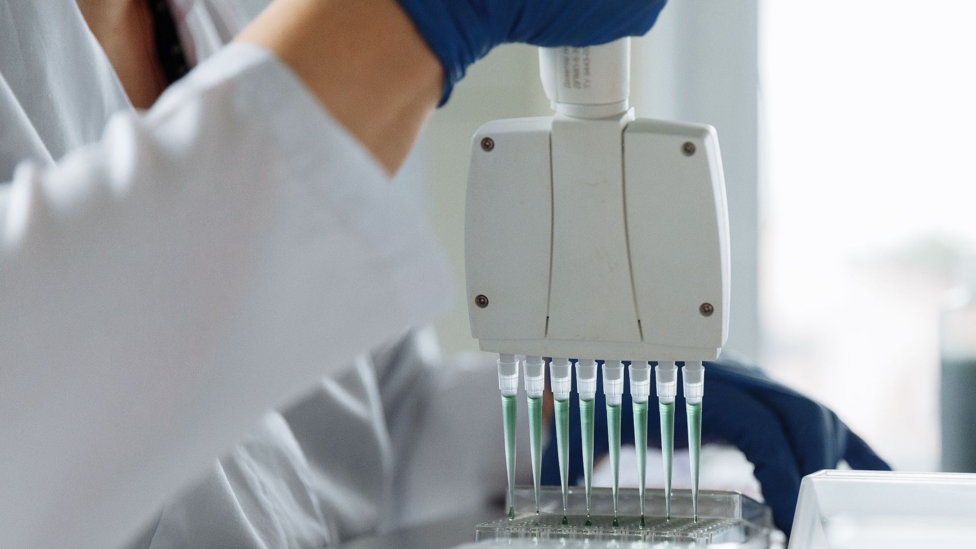 A scientist wearing a lab coat uses a multichannel pipette for liquid handling in a lab setting.