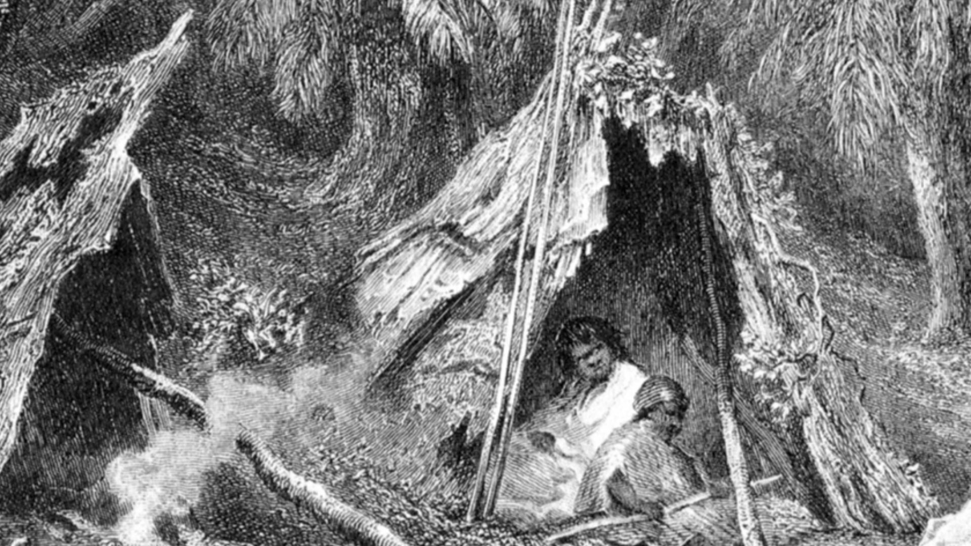 Native Encampment (detail), a 19th-century engraving of an Indigenous Australian encampment, showing the indigenous lifestyle in the cooler parts of Australia at the time of European settlement.