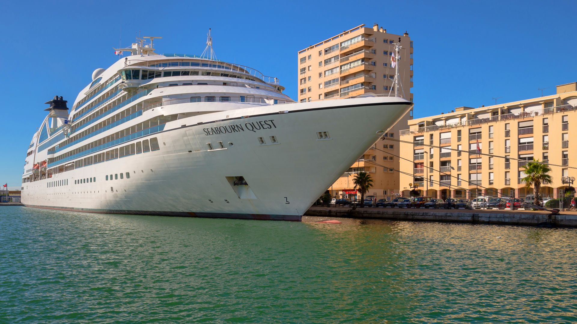 The MV Seabourn Quest (2011), a cruise ship of the Seabourn Cruise Line company, moored at the Algiers Embankment. Sète, Hérault, France.