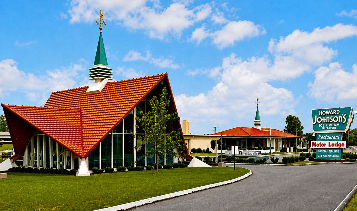 Nice colorful and collectible vintage scenic view of historic Howard Johnson's, featuring an iconic Howard Johnson's Restaurant and Motor Lodge along an American highway. 