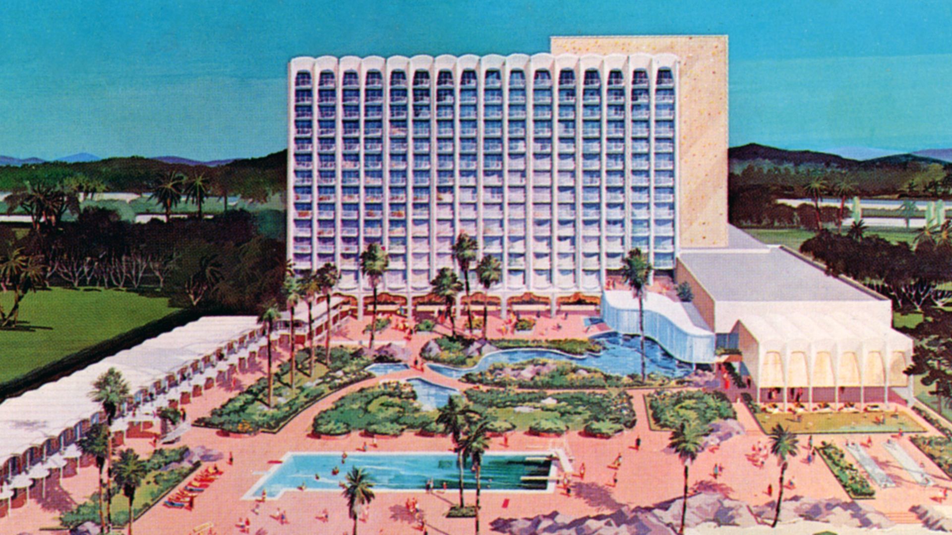 Photomechanical print (postcard) : halftone, colored 
Divided back 

Painting based on aerial view of hotel from ocean.