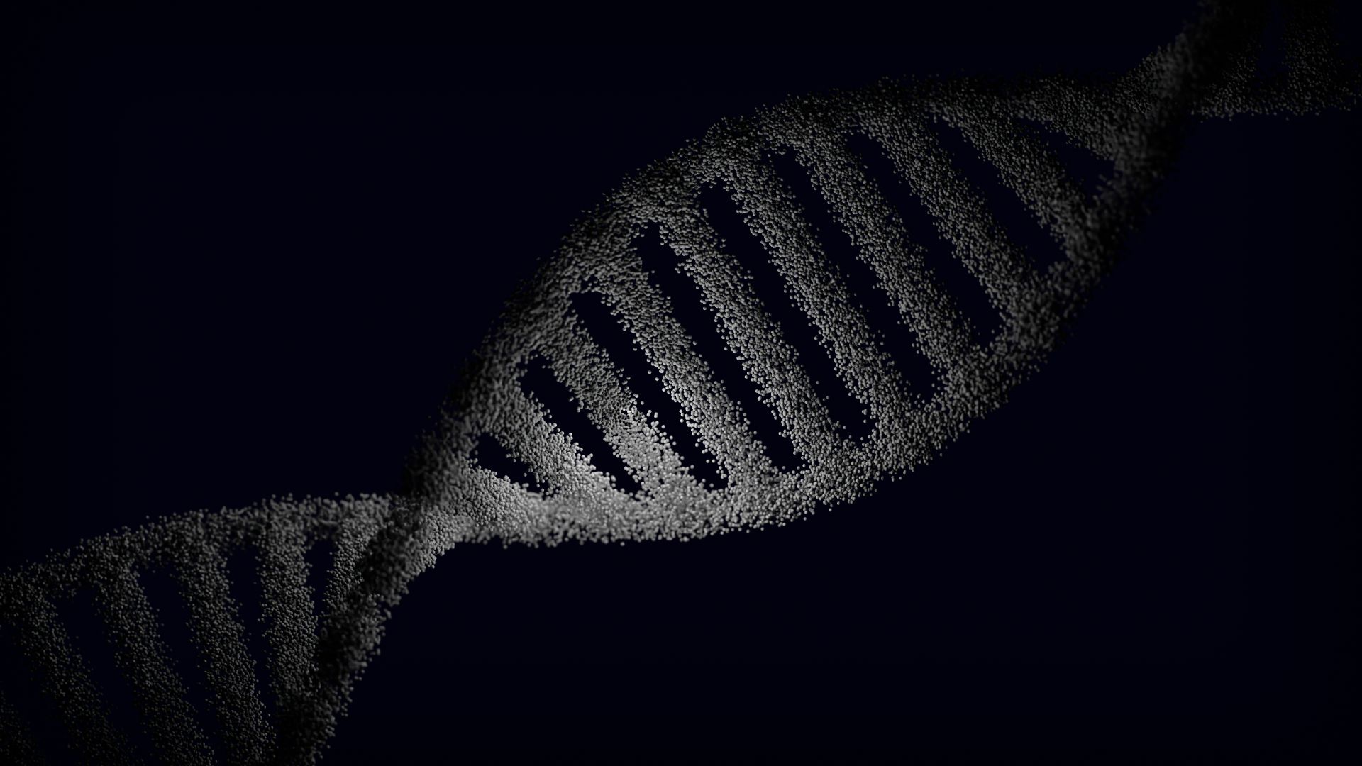 Artistic rendering of a DNA strand with particle effects against a dark background.