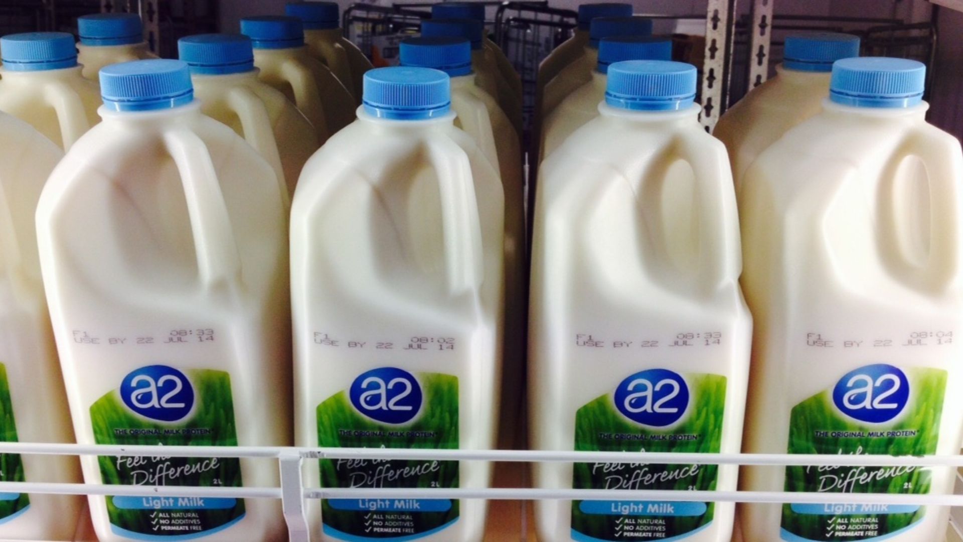 A2 brand milk in a supermarket fridge in Melbourne Victoria, Australia.