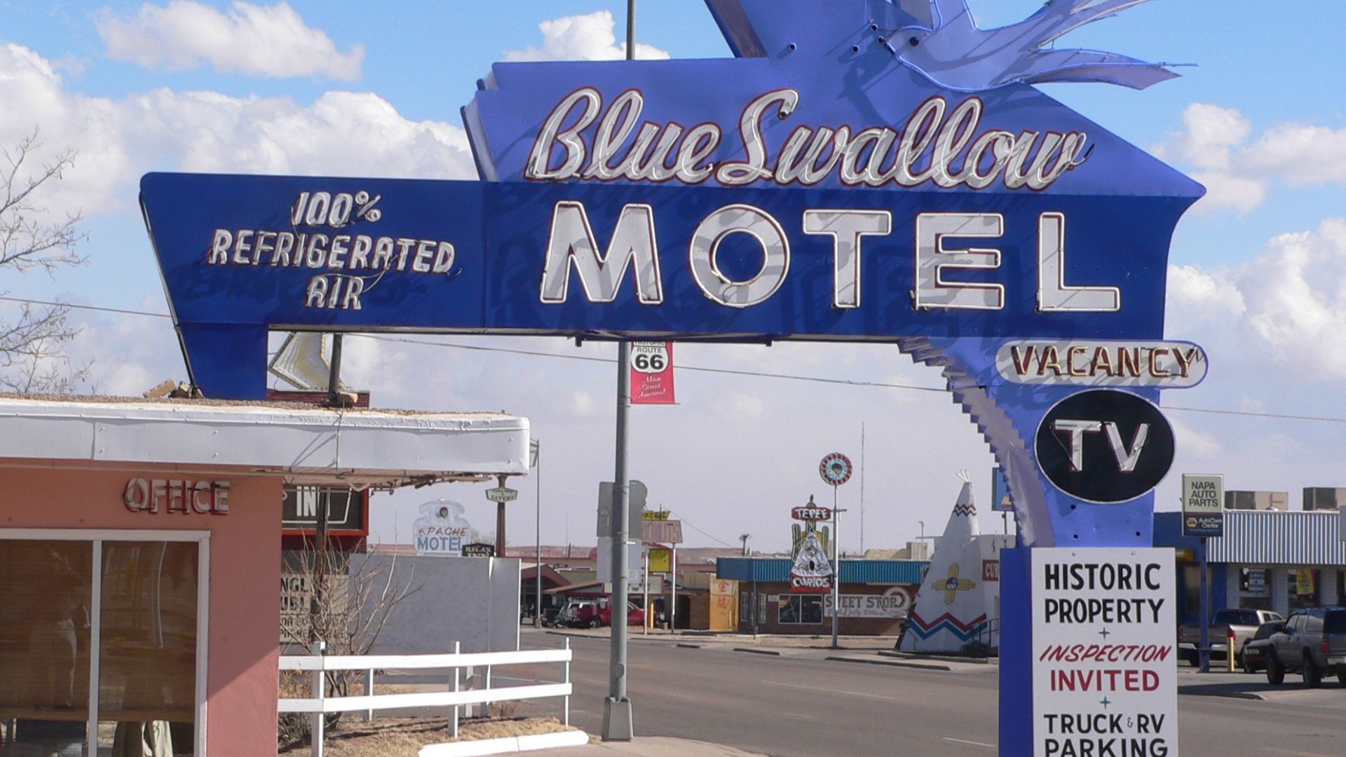 Blue Swallow Motel, located at 815 E. Route 66 Boulevard in Tucumcari, New Mexico: sign, seen from the west.