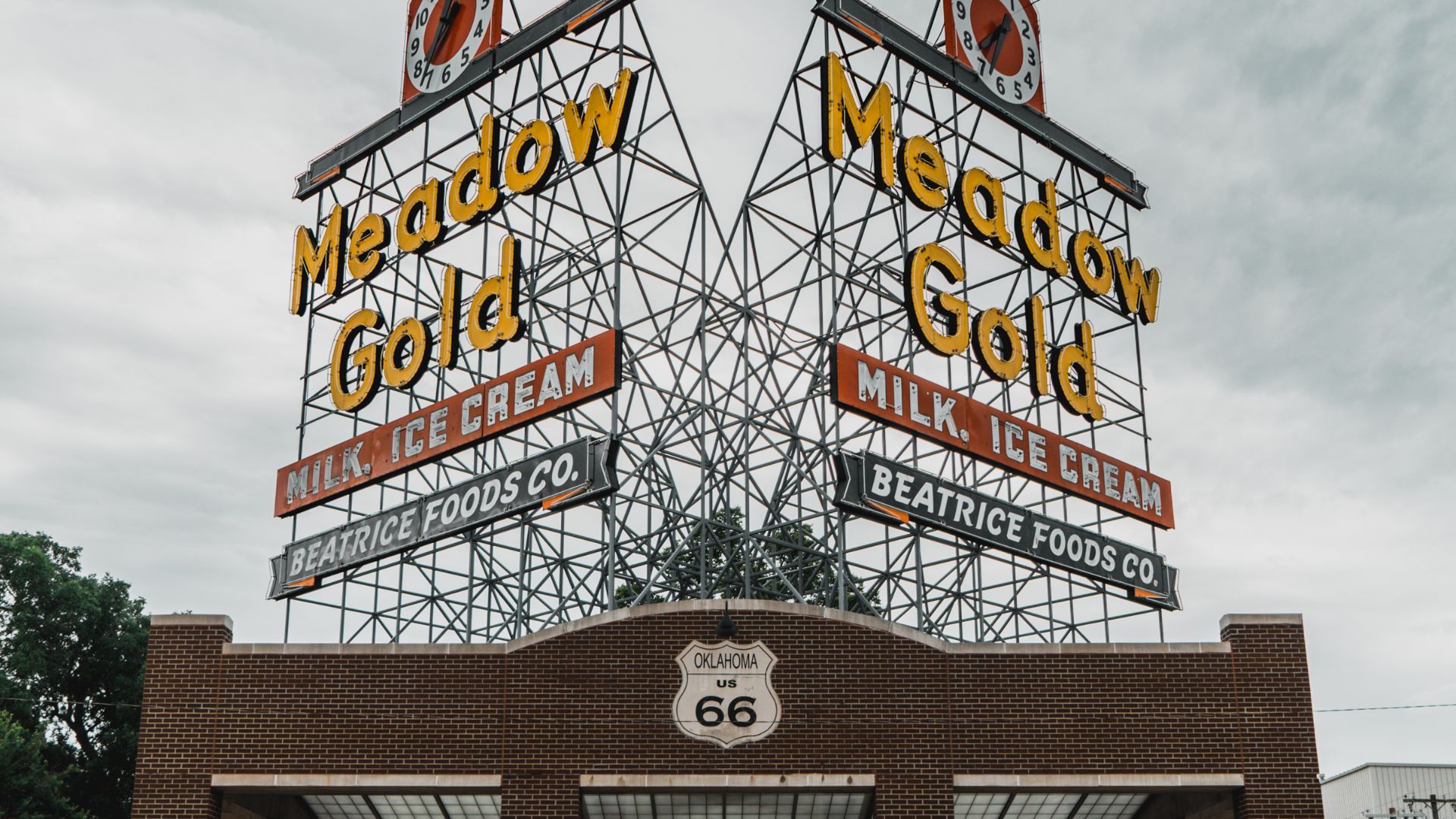 Restored Meadow Gold neon sign off Route 66 (11th Street) near downtown Tulsa.