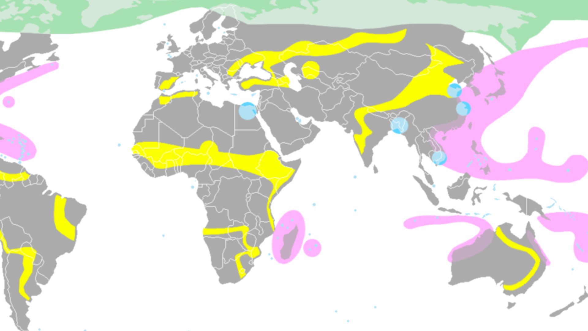 A schematic showing the regions where natural disasters will occur due to climate change (global warming).
Text version of the map's key
Areas exposed to:
Pink: hurricanes
Yellow: desertification or drought
Blue: small islands and deltas subjected to ex