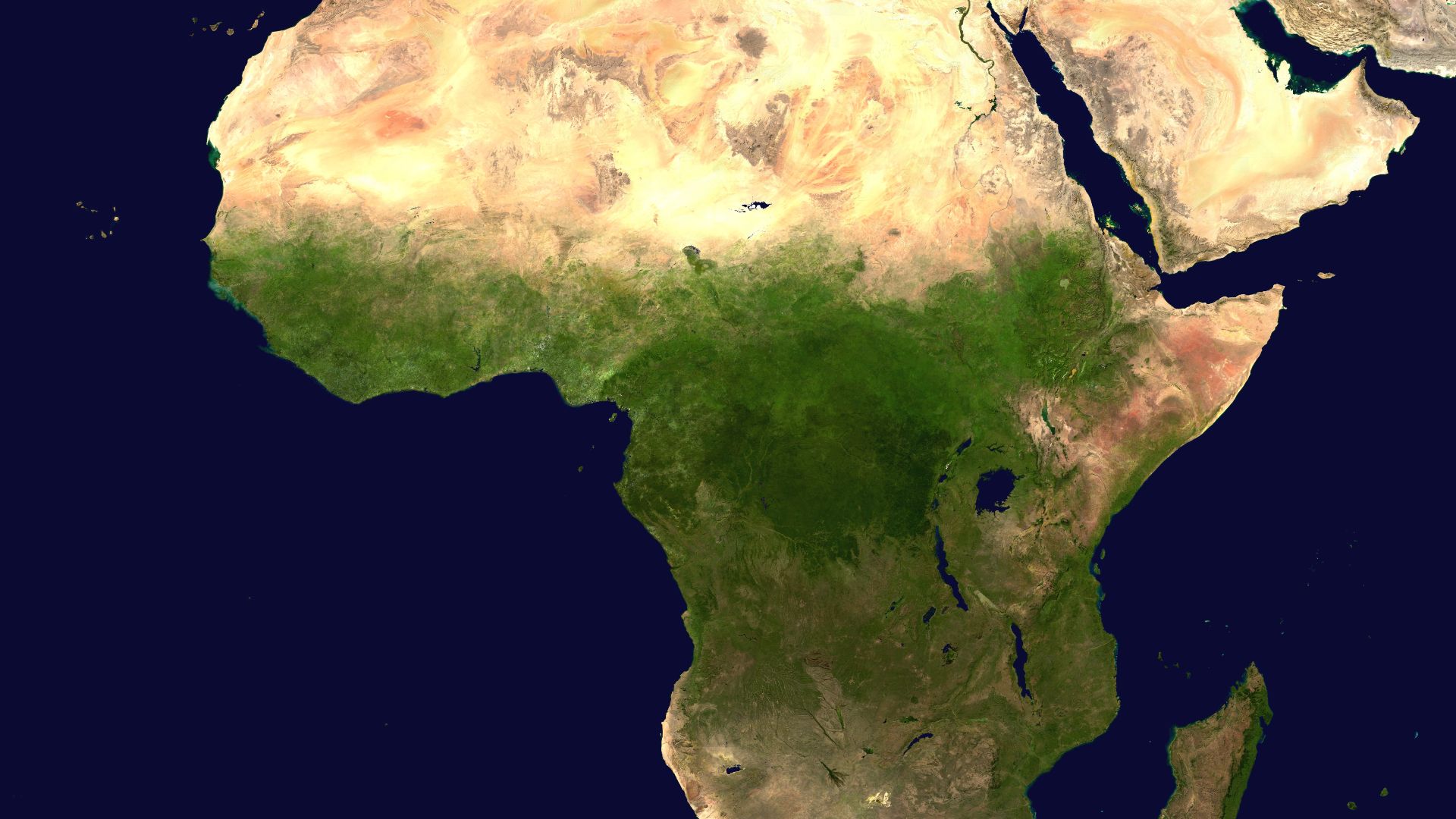 A composed satellite photograph of Africa.