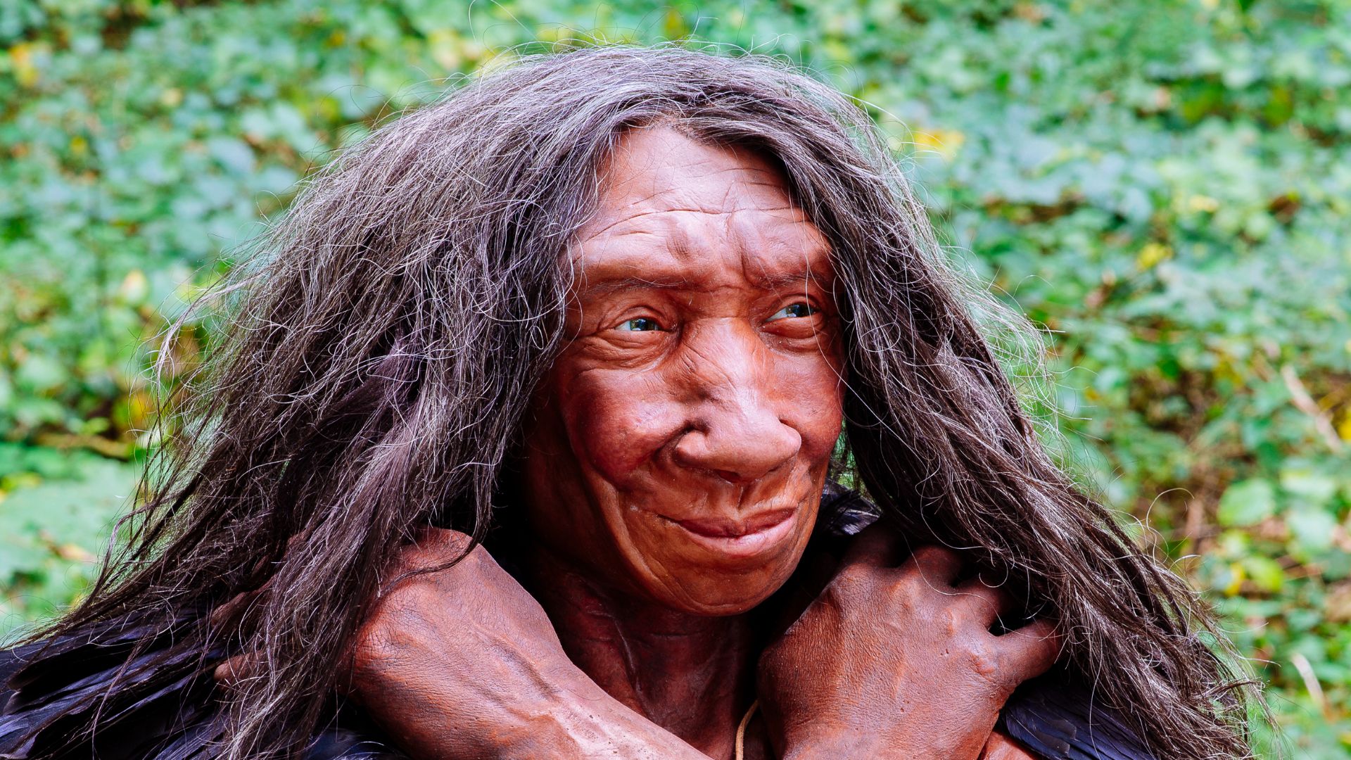 Lebend-Rekonstruktion im Neanderthal-Museum (Erkrath, Mettmann) eines Homo sapiens neanderthalensis (Ausschnitt des Originalfotos), Fundort Gibraltar