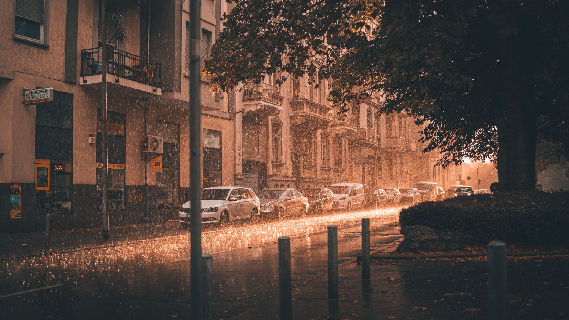 A moody urban street scene captured during rainfall, showcasing parked cars and architecture.