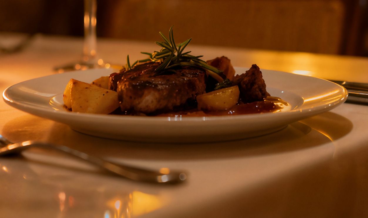 A close-up of a perfectly plated steak dinner and two glasses of red wine, set on a white tablecloth in a warm, intimate restaurant setting.