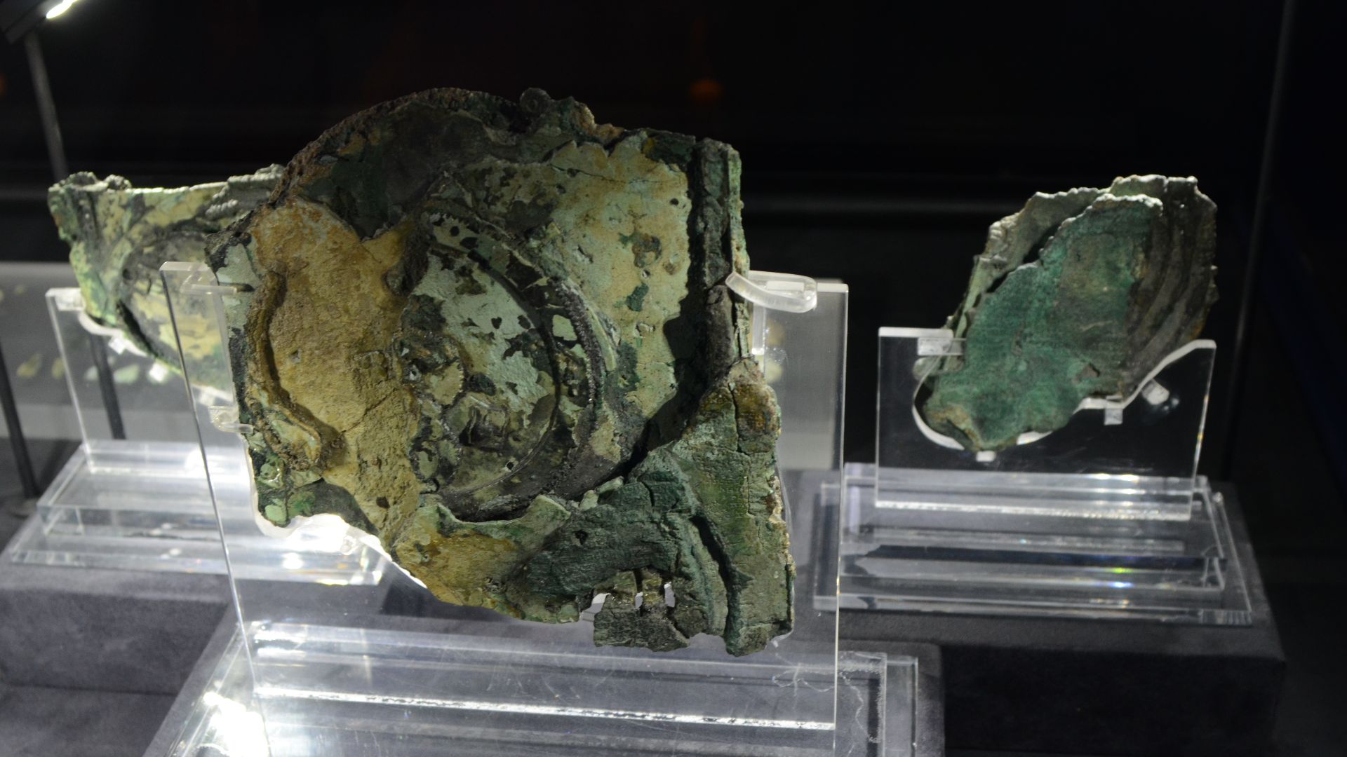 Remnants of the Antikythera mechanism, displayed in the Greek national museum of archaeology, Athens.