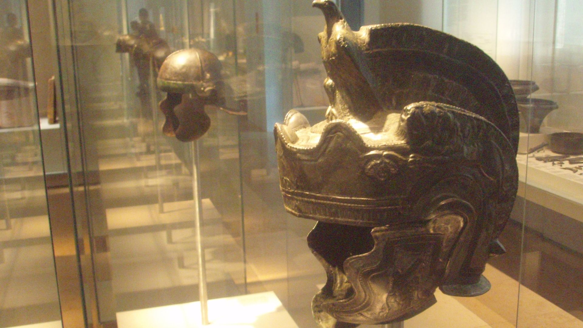 Roman helmets from the Upper Germanic limes, at the Germanisches Nationalmuseum in Nuremberg. Front: cavalry parade helmet, late 2nd century. Back: 2nd century infantry late Galea-type helmet.