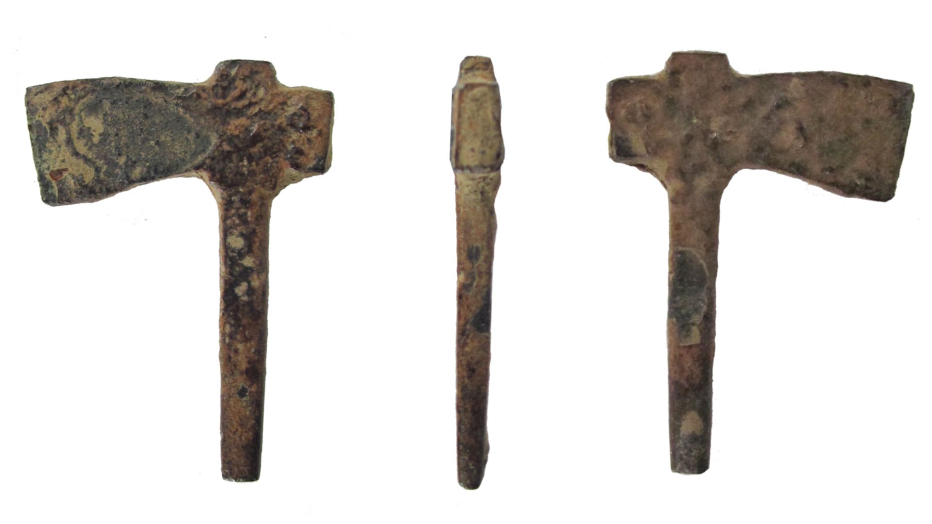 An incomplete cast copper alloy votive model axe dating to the Roman period. The model is two-diemsional and consists of a broadly rectangular axe head with expanded cutting edge and narrowing butt; the simple handle shaft projects a little above the axe