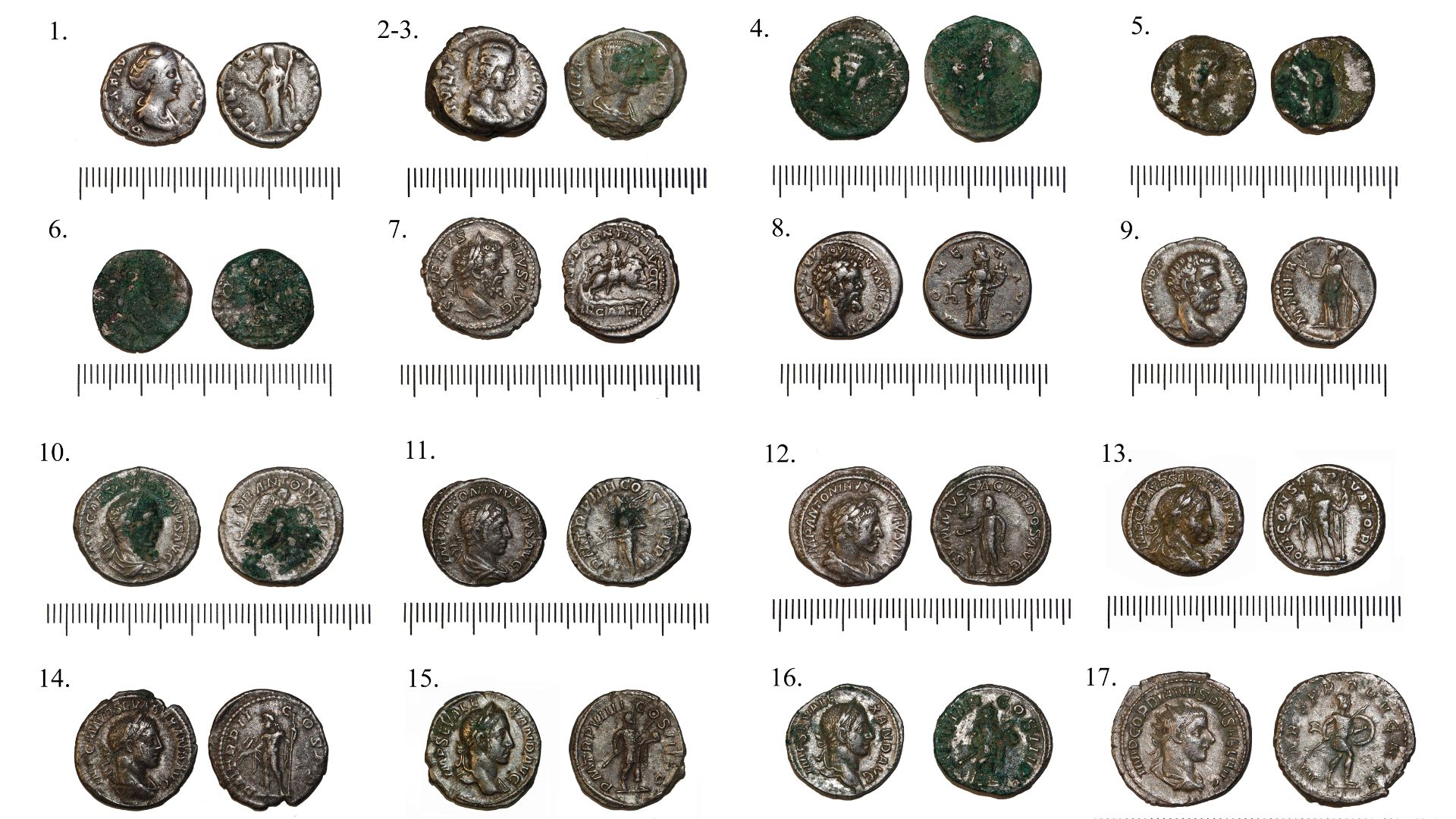Date of discovery: From 1 March-11 July 2011
Date: Mid 3rd century (tpq AD 247-9)
Summary by ruler
<tbody></tbody>Antoninus Pius (AD 138-61)
		Diva Faustina I
			1
		Wars of the Succession (AD 193-7):
		Clodius Albinus
			1
		Septimius Severus
			1
		
			