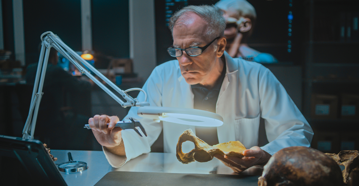 Senior archaeologist measures and studies fossil bones under lamp