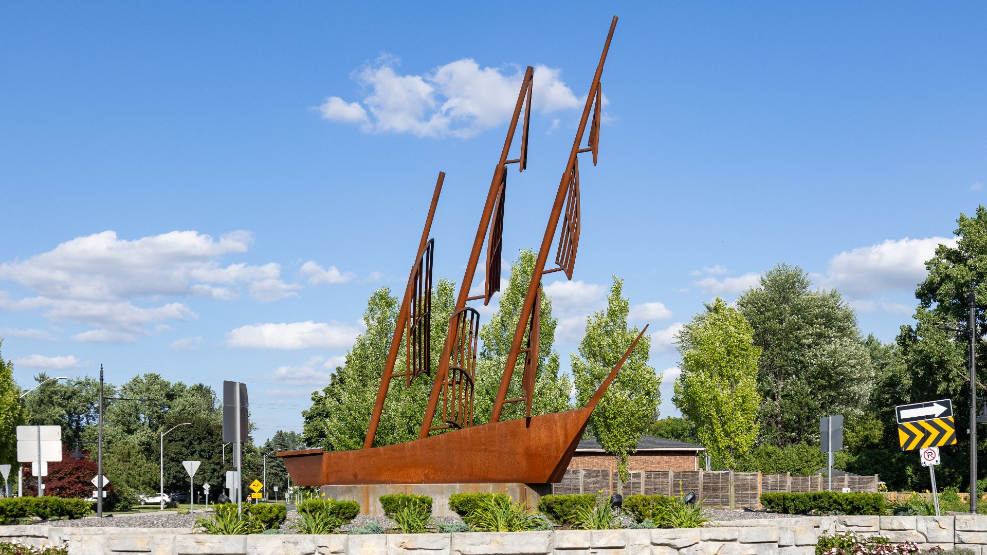 Sculpture of Le Griffon at the Malden Road roundabout, LaSalle, Ontario, 2025-06-28