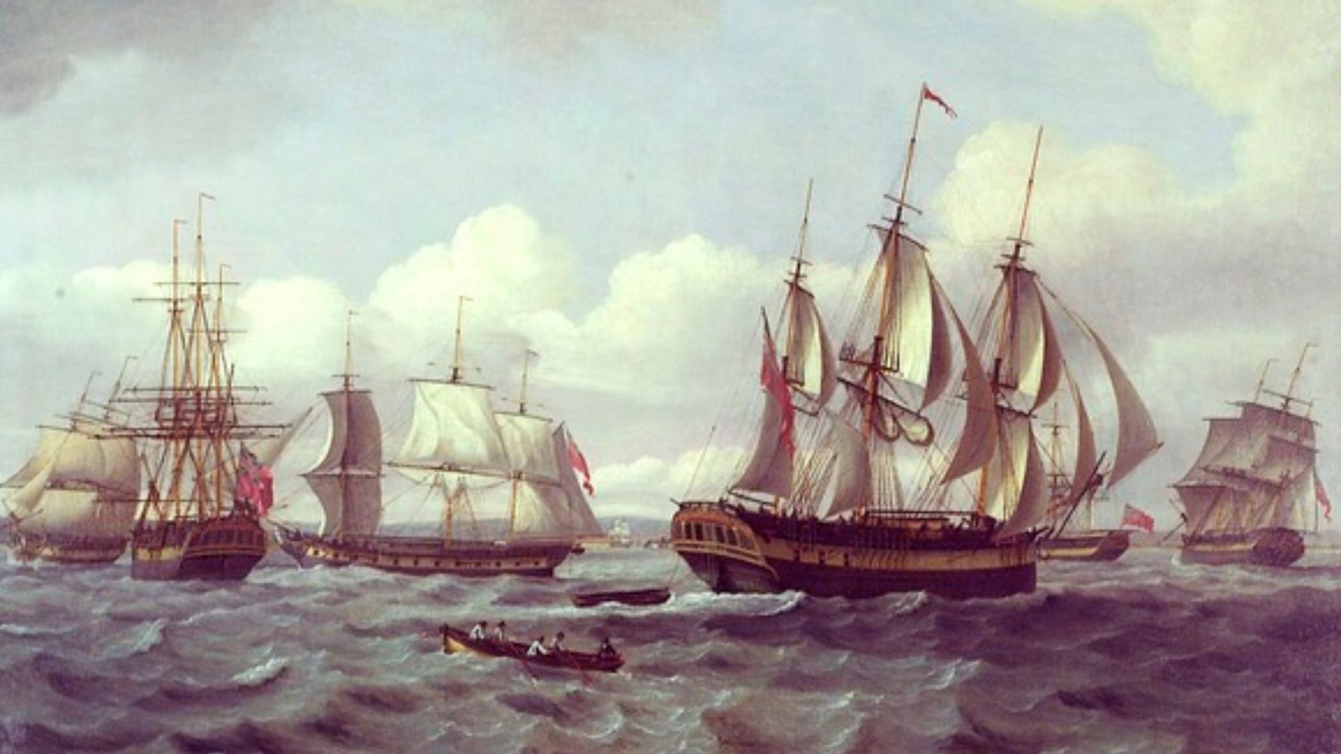 The Ship 'Castor' and Other Vessels in a Choppy Sea
A line of merchant ships with a coastline in the distance. They were engaged in transatlantic trade and on these grounds it has been suggested  that they are shown off the coast of  New England, though t