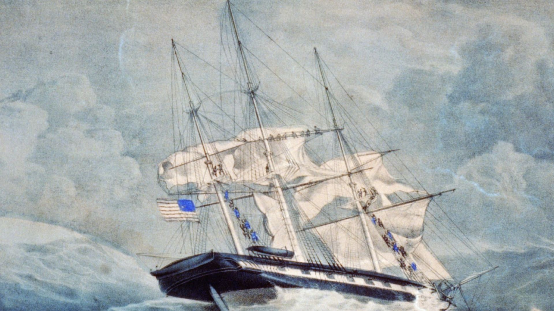 U.S. sloop of war Albany: 22 guns. New York: Published by N. Currier. Currier & Ives. A size. Lithograph print, hand-colored. Currier & Ives : a catalogue raisonné / compiled by Gale Research. Detroit, MI : Gale Research, c1983, no. 6851