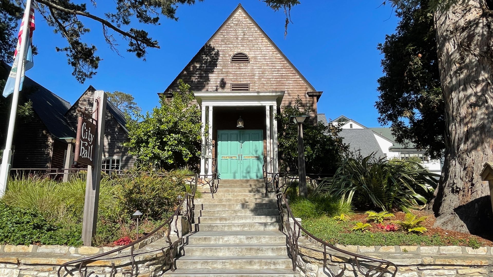 Photograph of the Carmel City Hall, in Carmel-by-the-Sea, California.