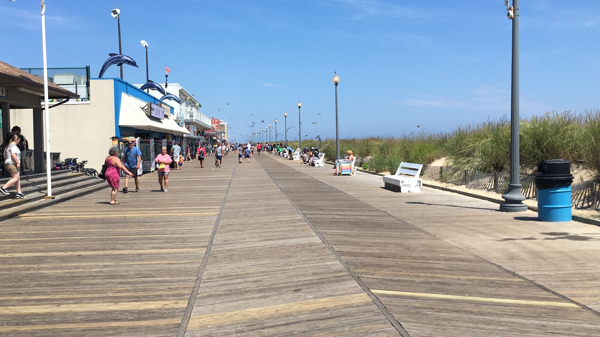 A view of the boardwalk in Rehoboth Beach, Delaware at Delaware Avenue looking north
