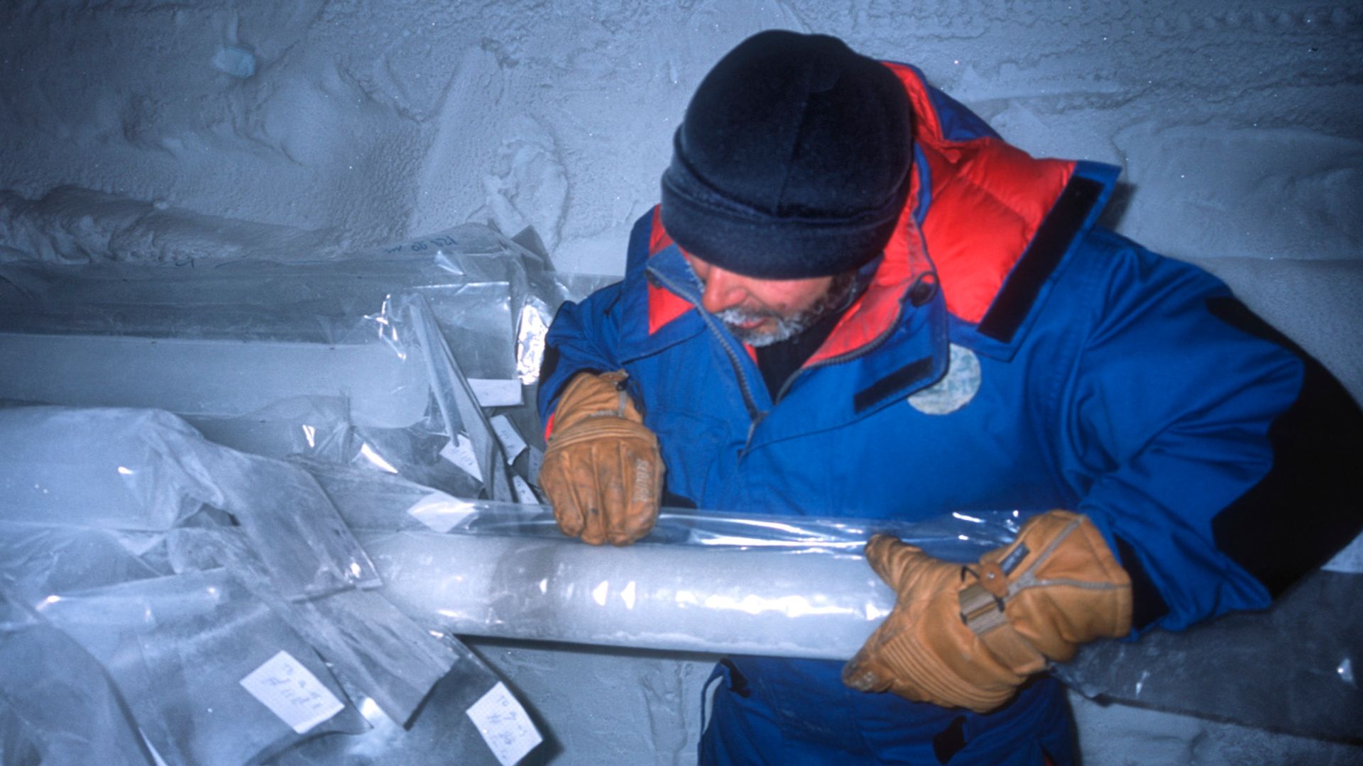 Ice core extracted at Talos Dome showing an ash layer corresponding to the Toba supervolcano eruption in Indonesia about 75kY ago (see Toba_catastrophe_theory)