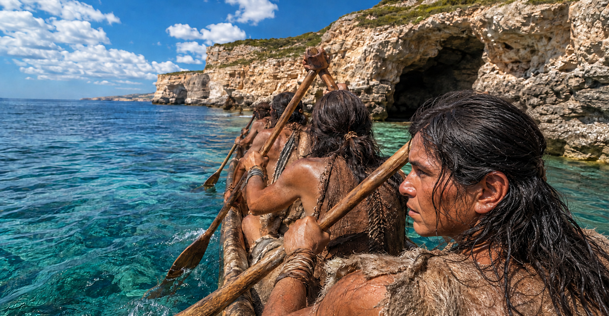 AI-generated image of ancient people canoeing alongside cliffs