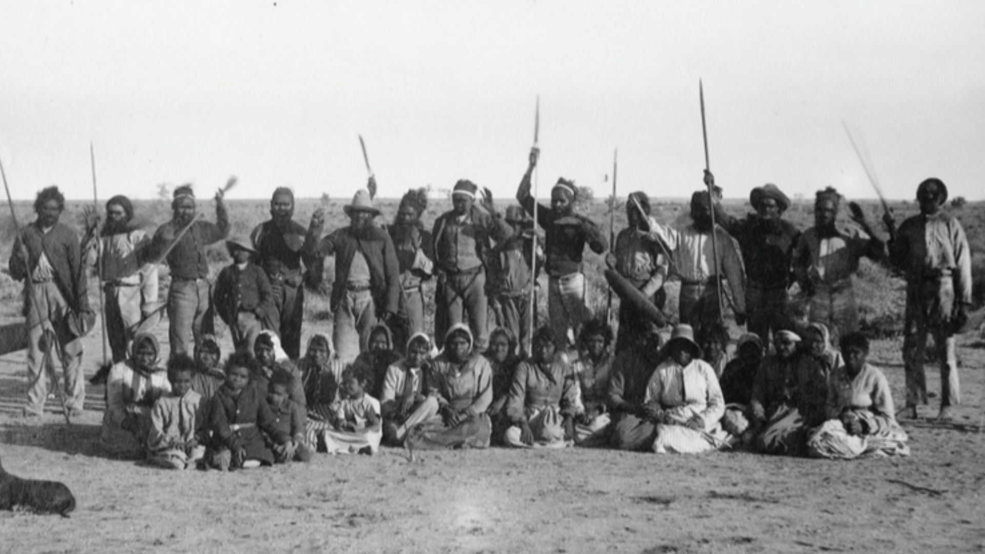 Group photo of Aboriginal people after corroboree, William Creek, South Australia, 5 September 1889