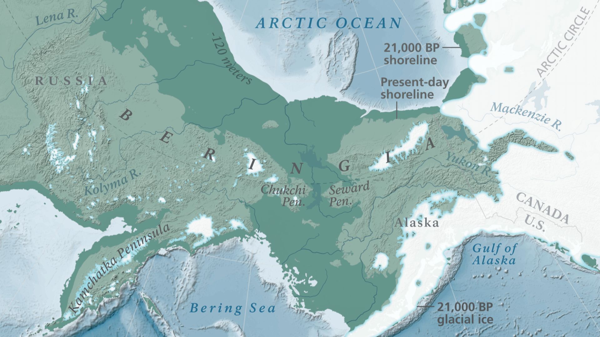 This map, published by the U.S. National Park Service, illustrates the hypothetical land bridge thought to have existed between Asia and North America circa 21,000 years before present, during the Last Glacial Maximum.