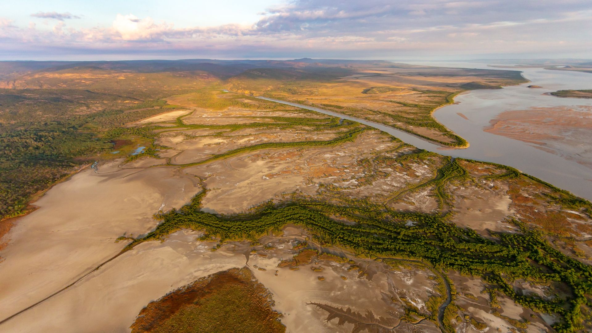 Aerial view of the mouth of the Isdell River entering Walcott Inlet