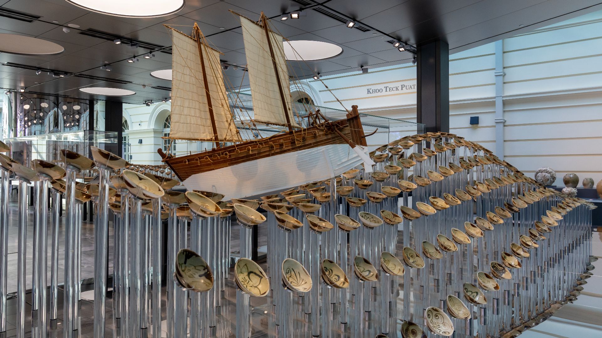 Exhibition of atrefacts from the Belitung shipwreck and related objects in the The Khoo Teck Puat Gallery - Jewel of Muscat (replica of a 9th-century Arabian ship)